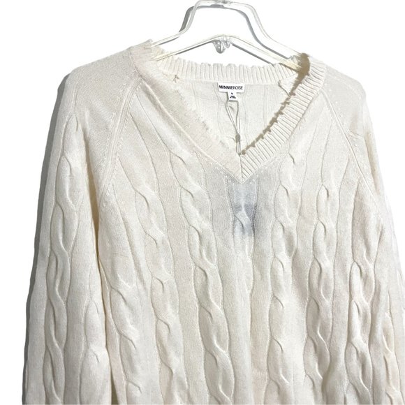 NEW Minnie Rose Cashmere V-Neck Frayed Edges Cable Knit Sweater - Picture 5 of 12